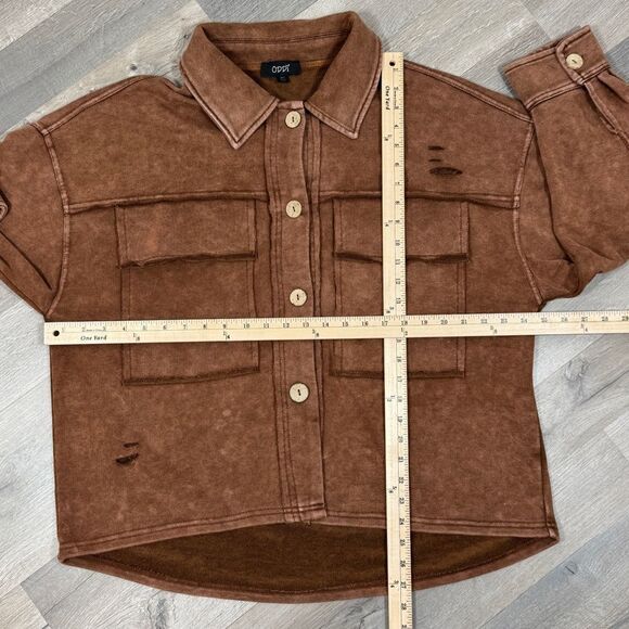 Oddy Distressed Jersey Knit Shacket Cropped Brown Medium Large - Picture 12 of 13